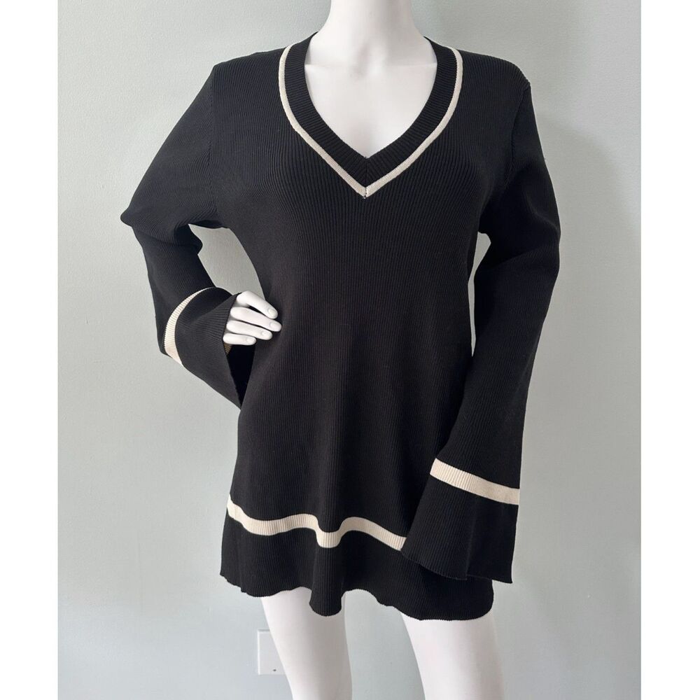 Miou Muse Black V Neck Knit Top Size L Bell Sleeve Tunic Minimalist Stretch